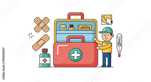 Essential first aid kit with medical supplies, presented by a friendly character for emergency preparedness and health safety, an appealing vector illustration