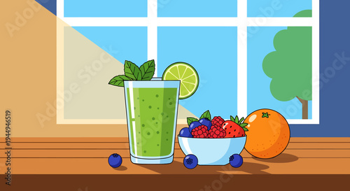 Bright Morning Fruit Juice and Fresh Berries on Window Sill. Vector Illustrations. EPS Editable