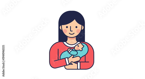Caring Mother Gently Cradling Her Adorable Newborn Baby with Love and Affection, Simple Flat Icon Illustration