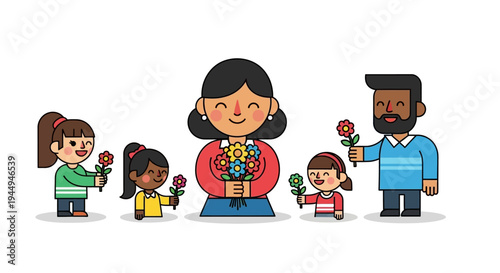 Cheerful diverse family gathering presenting vibrant flowers to a beloved mother, expressing heartfelt love and appreciation for her special day