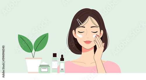 Calm Skincare Routine With Plant Based Essentials For Fresh Healthy Skin. Vector Illustrations. EPS Editable