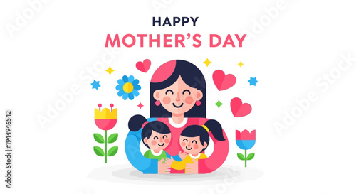 Happy Mother's Day greeting with a mother hugging her two children surrounded by flowers and hearts