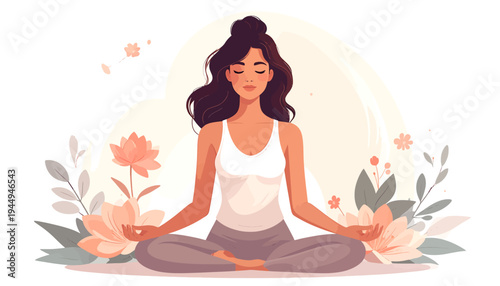 Calm Woman Meditating in Flower Garden Setting. Vector Illustrations. EPS Editable