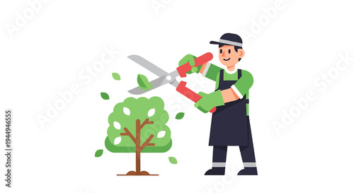 Cartoon Gardener Pruning Tree with Shears In Garden. Vector Illustrations. EPS Editable