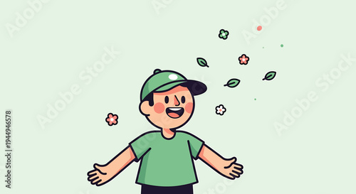 Cheerful cartoon boy tossing leaves in spring breeze. Vector Illustrations. EPS Editable