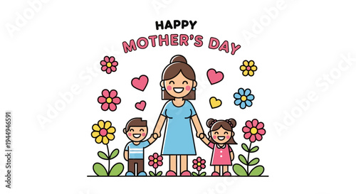 Joyful Mother's Day celebration featuring a loving mother embracing her happy children surrounded by vibrant blooming flowers, a heartwarming scene depicting family bonds and happiness