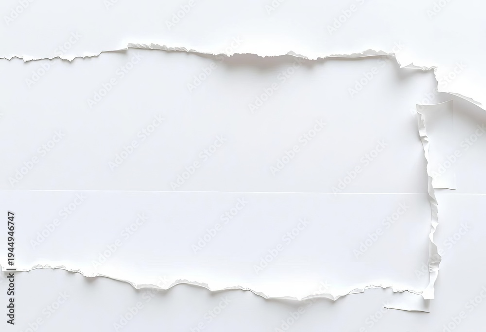 Fototapeta premium Torn edges of white paper, revealing frayed fibers and uneven texture, abstract, aged