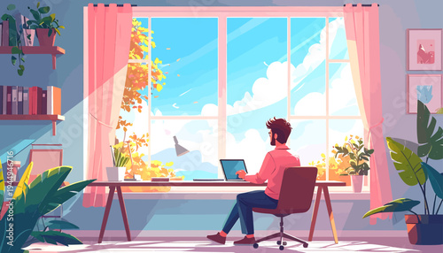 Cozy Home Office Scene With Person Working By Sunny Window. Vector Illustrations. EPS Editable