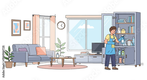 Cozy living room scene with person organizing shelves. Vector Illustrations. EPS Editable