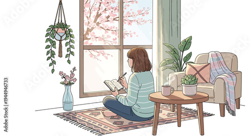 Cozy Reading Moment in a Bright Home Living Room. Vector Illustrations. EPS Editable
