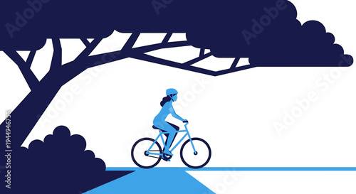 Cyclist Riding Bicycle Under Large Tree Silhouette. Vector Illustrations. EPS Editable