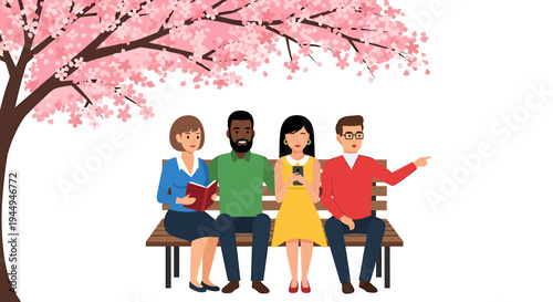 Diverse group of five adults sitting on bench under blooming tree in spring. Vector Illustrations. EPS Editable