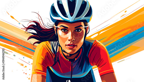 Dynamic cyclist racing forward in bright outdoor jersey. Vector Illustrations. EPS Editable