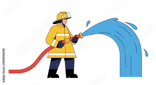 Dedicated Firefighter in Full Protective Gear Extinguishes Blaze with Powerful Water Stream from Hose, Ensuring Safety and Protection
