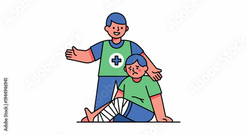 First Aid Provider Assisting an Injured Person with a Bandaged Leg, Highlighting Care and Support