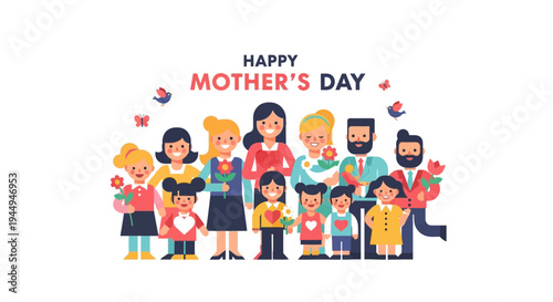 Happy Mother's Day Celebration with Diverse Families, Illustrating Love, Togetherness, and Appreciation for Moms