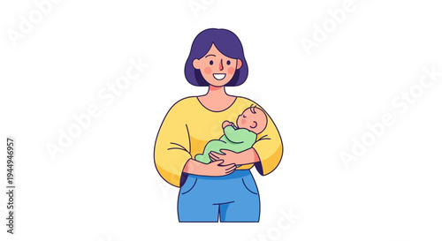 A smiling mother lovingly cradles her baby, a tender moment of maternal care and family bonding depicted in a simple, clean illustration style