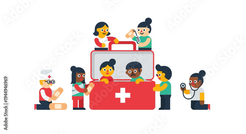 Diverse community healthcare team providing essential first aid and medical assistance with a large red kit, promoting health and well-being for all