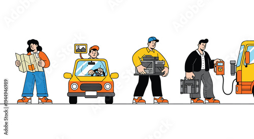 Set of 5 workers with vehicles vector illustrations