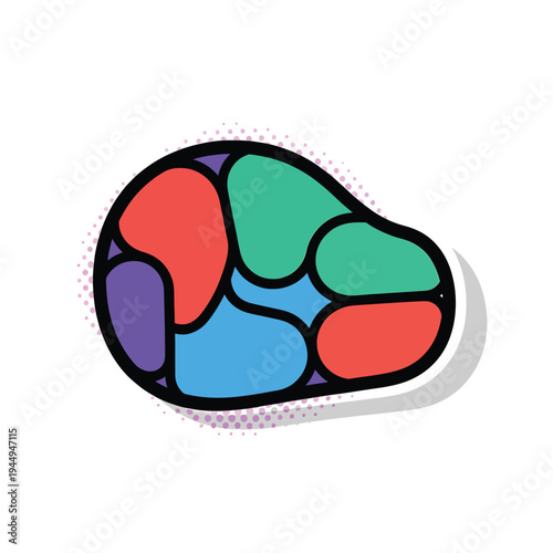 Viewing a vibrant abstract brain graphic with colorful sections and pink dot outline, centered on a white canvas, captured from a frontal perspective