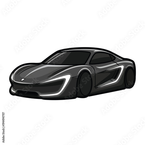 Showcasing a futuristic sleek black glossy sports car illustration with aerodynamic design, hightech minimalist white backdrop, viewed from a low angle
