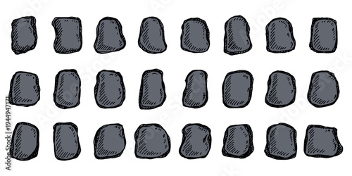 Hand drawn rocks and stones Rock fragments, boulders, building material Coastal pebbles, gravel, minerals, cobblestones, geological formations For game environment, landscape illustration, design