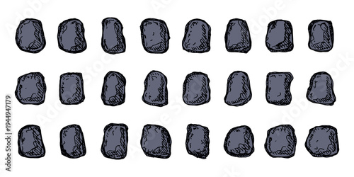 Hand drawn rocks and stones Rock fragments, boulders, building material Coastal pebbles, gravel, minerals, cobblestones, geological formations For game environment, landscape illustration, design