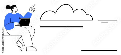 Cloud computing concept. A person with a laptop pointing to a cloud shape, online storage and digital connectivity. Cloud computing for technology, storage, innovation, business