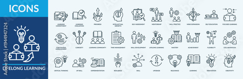 Lifelong Learning - Icon Collection. Thin Outline Set contains such Icons as intellectual growth, self assessment, mentorship and more. Simple web icons set