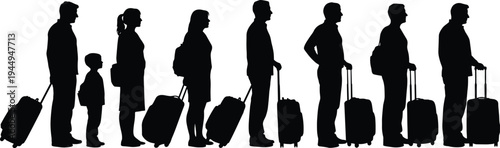 Travelers with rolling suitcases silhouette collection showing airport passengers standing in line isolated vector set for tourism, travel lifestyle, and transportation concept