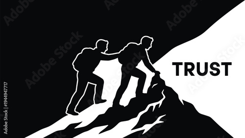 Trust concept illustration showing hikers helping each other climb mountain peak silhouette symbolizing teamwork, support, leadership, motivation, partnership, and success