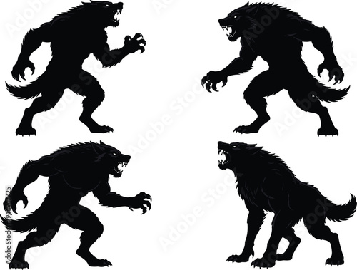 Werewolf creature silhouette collection showing aggressive wolf monster poses isolated vector set for horror, fantasy character design, Halloween illustration, and mythical beast concept