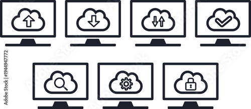 デスクトップパソコンのクラウド処理に関するシンプルなアイコンセット