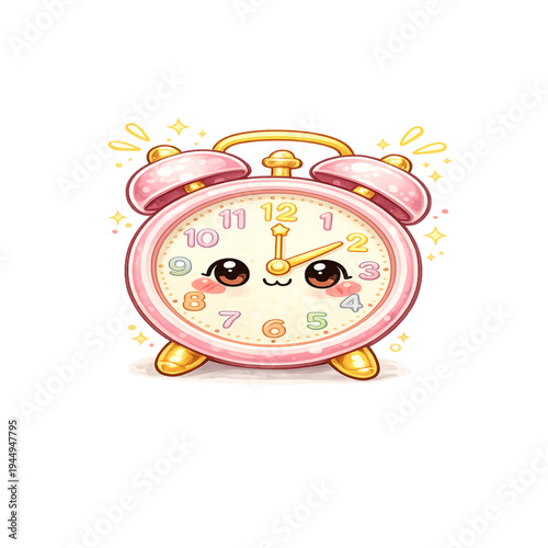pastel pink kawaii alarm clock, adorable chibi alarm clock illustration, cute smiling clock character design, soft pastel pink cream and lavender palette, big sparkling eyes and rosy cheeks, classic t