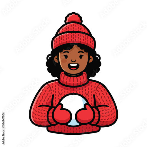 Cheerful cartoon woman in red hat and sweater holding a snowball, smiling warmly in a festive winter scene, front view illustration