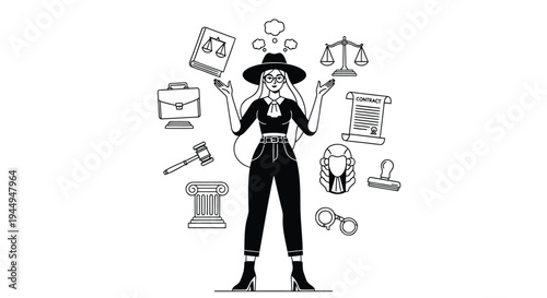 Vector illustration of multitasking woman with various office and work icons