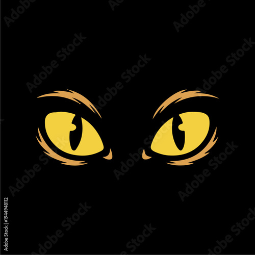 Yellow Cat Eyes Glowing in Dark Black Night.