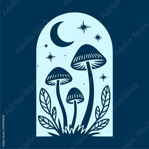 Mystical Moonlit Mushroom Archway with Stars Celestial Forest Scene.