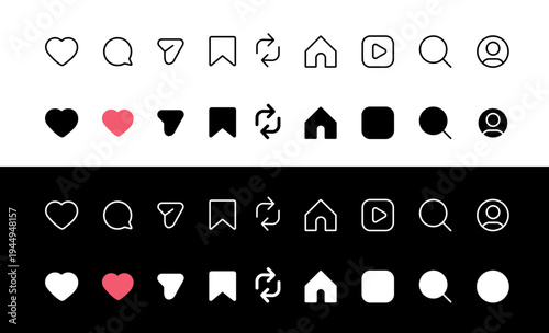 Like, Repost, comment share save vector icon set. Site navigation symbol. Social media web linear sign