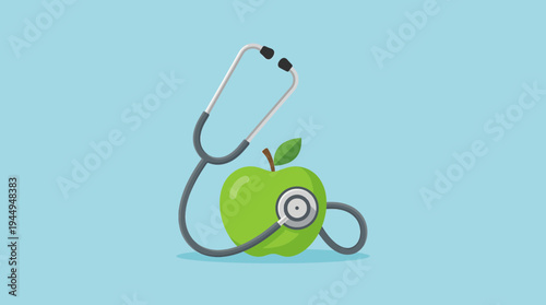 Flat Illustration of Stethoscope on Green Apple for Health Concept