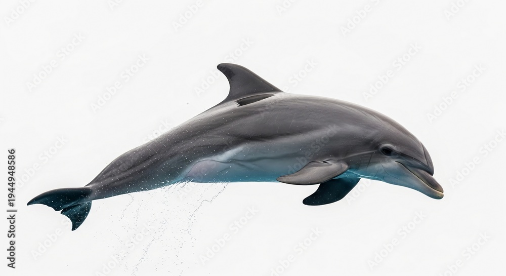 Obraz premium Captivating moment of a sleek dolphin in mid-air, performing an acrobatic jump against a clean white backdrop, symbolizing freedom and marine vitality