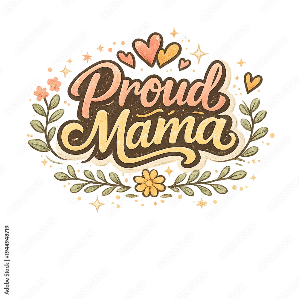 Fototapeta premium proud mama aesthetic typography, stylish motherhood typography illustration, elegant hand lettered proud mama phrase, soft pastel pink peach lavender and cream palette, delicate floral accents with ro