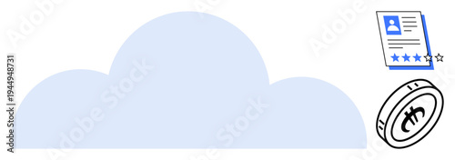 Cloud element, digital profile with user rating, and Bitcoin icon representing storage, security, cryptocurrency, user review, technology, finance and digital identity. Ideal for simple flat