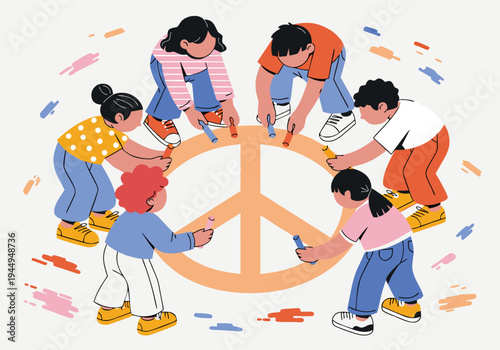 diverse group of children drawing a large peace sign together representing unity education friendship global harmony and future generations vector illustration 