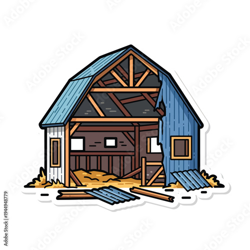 Cartoon view of a dilapidated barn in a rural countryside, abandoned and neglected, wooden structure with blue and white walls, roof beams, hay ground