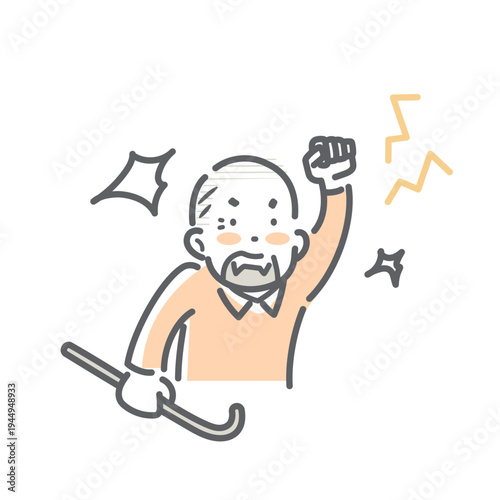 怒って騒ぎ立てるシニア男性　シンプルでお洒落な線画イラスト