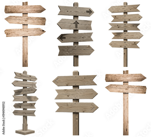 Extensive collection of rustic wooden signposts with various directional arrows, isolated on transparent background.