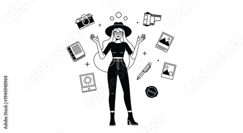 Vector illustration of a woman surrounded by photography equipment