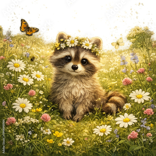 raccoon in a colorful flower meadow, adorable raccoon illustration, cute woodland animal character design, fluffy raccoon with striped tail and gentle smile, surrounded by vibrant wildflowers and gree