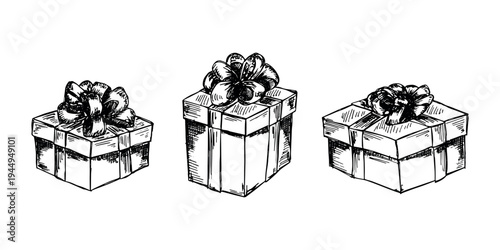Set of hand drawn present box with ribbons Birthday present clipart Christmas gift Holiday doodle For design, print, web, decor, greeting card, sale